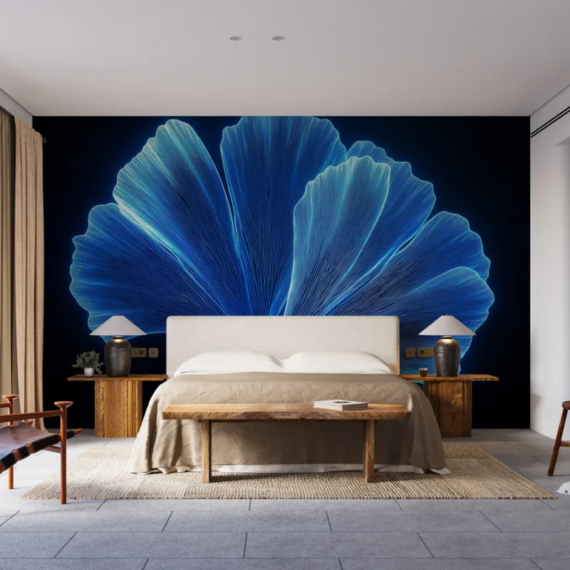 Papier peint ginkgo Motif stylisé de ginkgo bleu lumineux Petit Prix