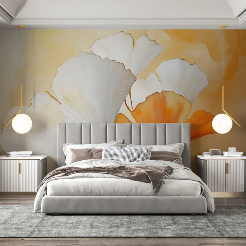 Papier peint ginkgo Feuilles de ginkgo blanches et orangées sur fond doux Prix Réduit