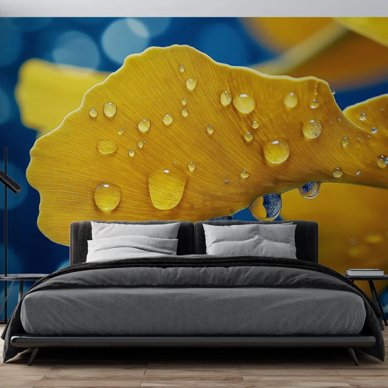 Papier peint feuille jaune Gouttes d‘eau sur une feuille vibrante Nouvelle Collection