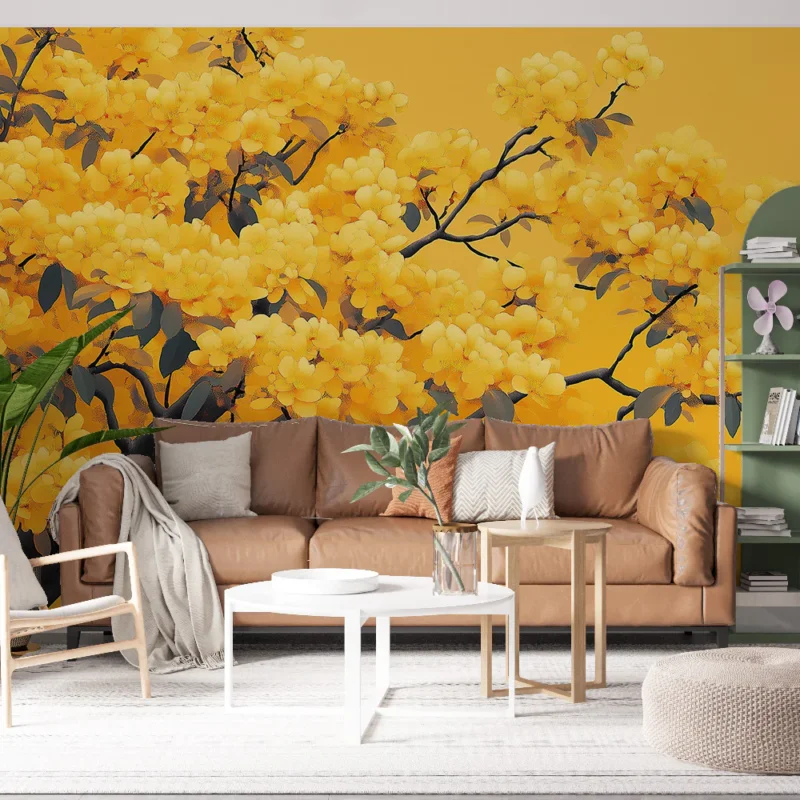 Papier peint fleurs jaunes Arbre en fleurs sur fond jaune éclatant Offre Spéciale