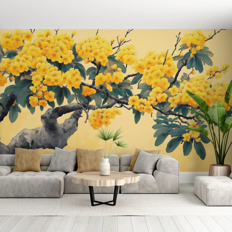Dernière Chance Papier peint fleurs jaunes Branches de fleurs jaunes vibrantes sur fond doux