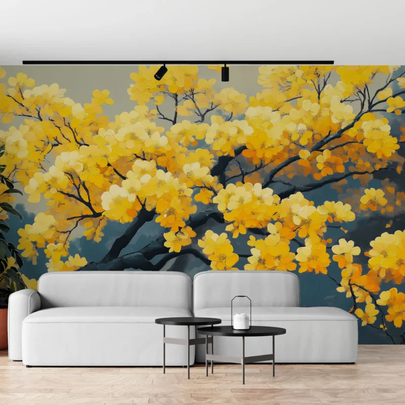 Papier peint fleurs jaunes Branches fleuries aux éclats dorés Retour Gratuit