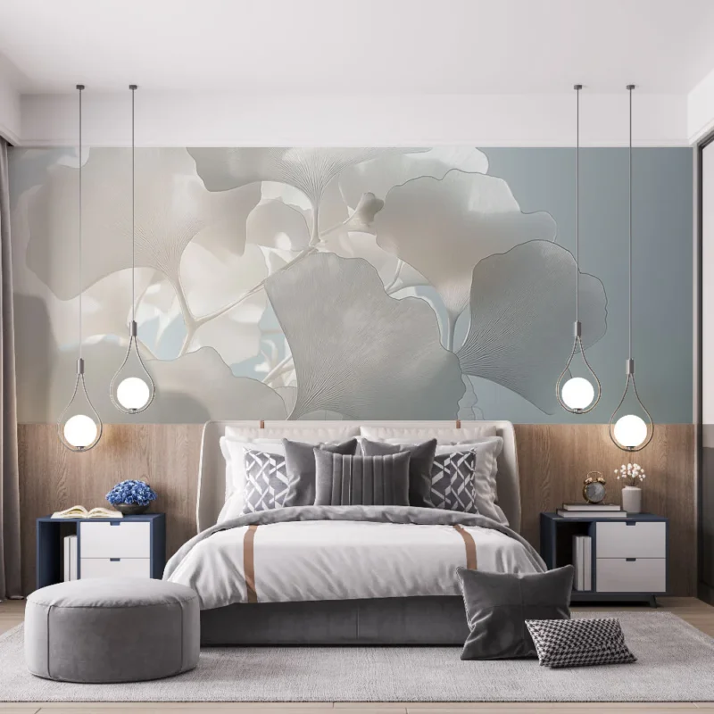 Papier peint ginkgo Feuilles blanches délicates sur fond lumineux Prix Promo