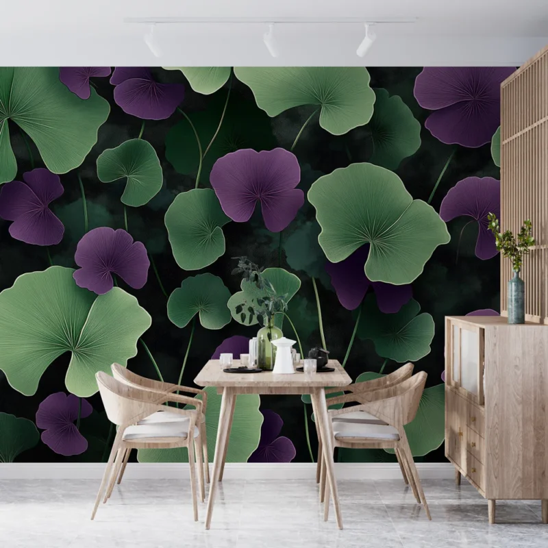 Nouveauté Papier peint feuilles et fleurs Motif luxuriant de feuilles vertes et fleurs violettes sur fond sombre