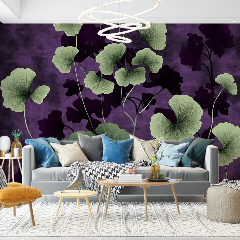 Livraison Express Papier peint floral Feuilles vertes délicates sur fond violet profond