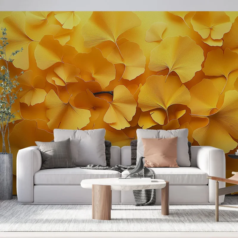 Papier peint ginkgo Feuilles de ginkgo dorées sur fond jaune Acheter Direct