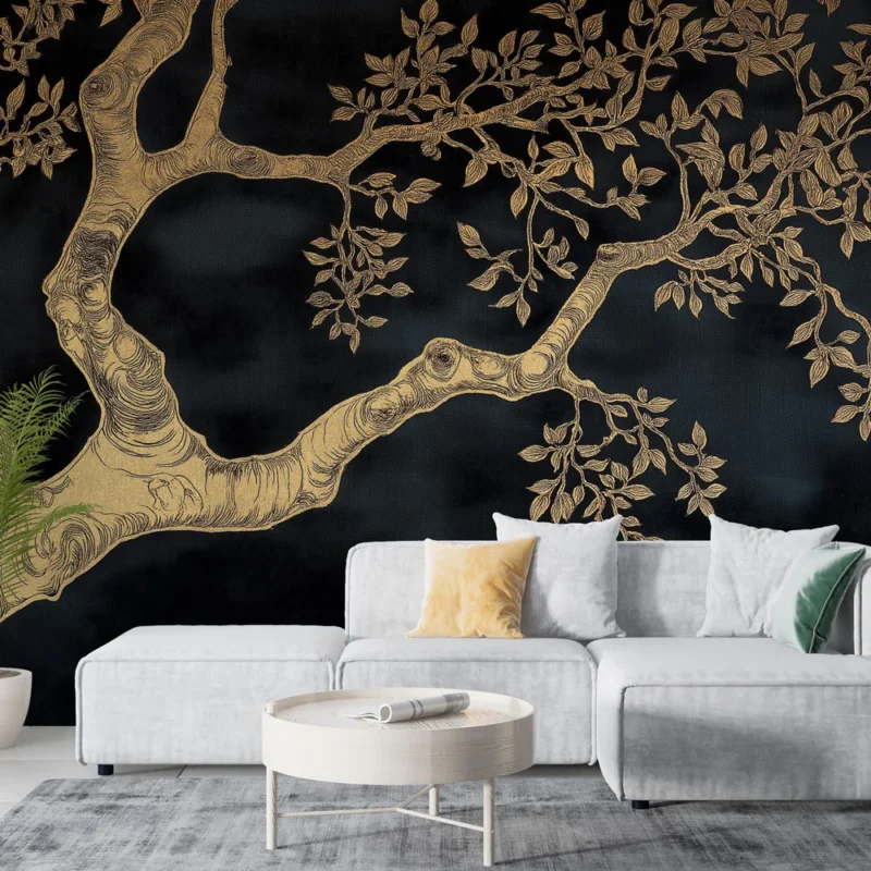 Papier peint arbre doré Motif élégant de branches et feuilles sur fond noir Achetez Aujourd'hui