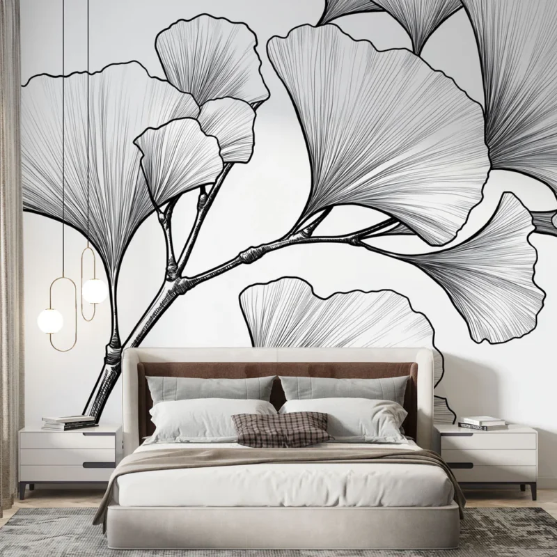 Papier peint ginkgo Design floral minimaliste en noir et blanc Satisfait Ou Remboursé