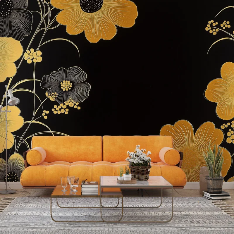 Papier peint floral doré Motif floral éclatant sur fond noir Offre Limitée