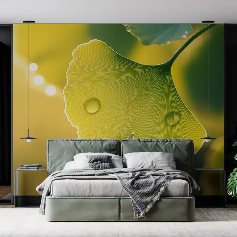 Papier peint ginkgo Feuille de ginkgo éclatante avec gouttes d‘eau Super Prix