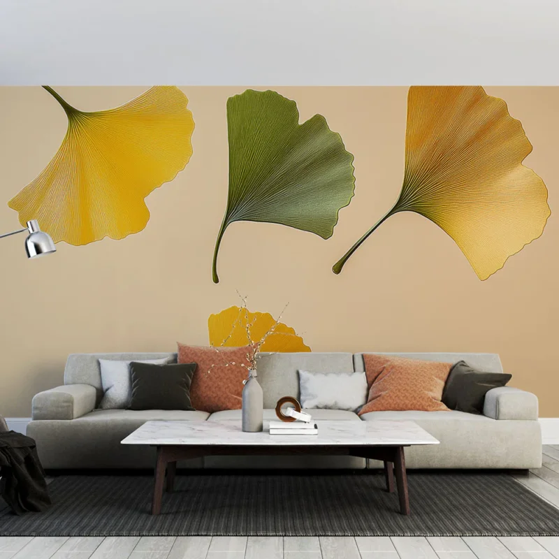 Haute Qualité Papier peint ginkgo Feuilles de ginkgo jaunes et vertes sur fond doux