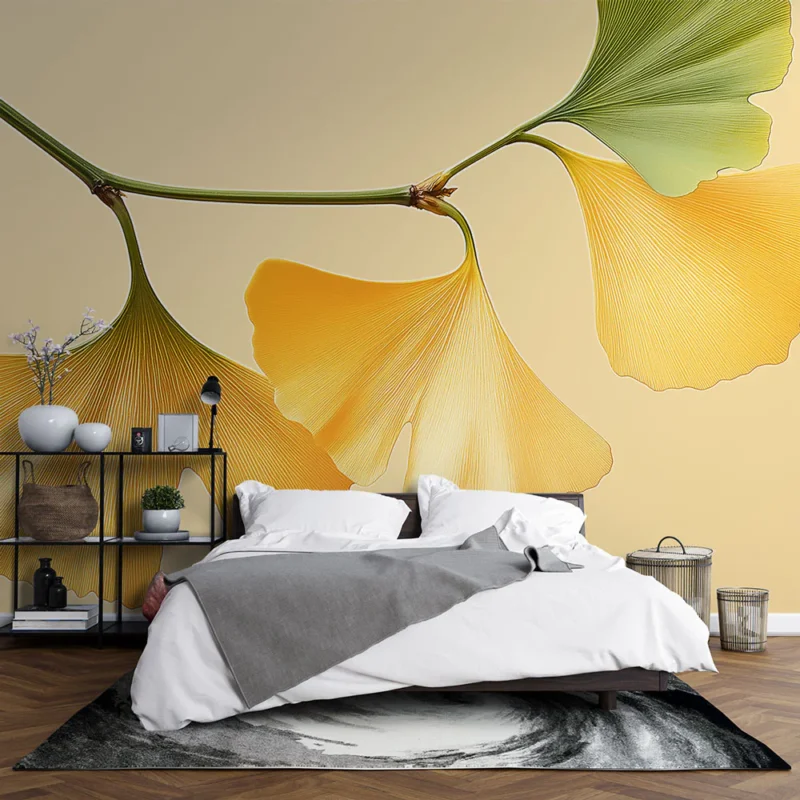 Acheter Direct Papier peint ginkgo Feuilles de ginkgo jaunes et vertes sur fond pastel