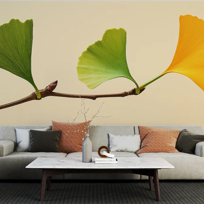 Papier peint feuilles de Ginkgo Feuilles de Ginkgo vertes et jaunes sur une branche élégante Bon Plan