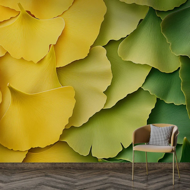 Papier peint ginkgo Feuilles de ginkgo en dégradé de jaunes et verts Acheter Direct