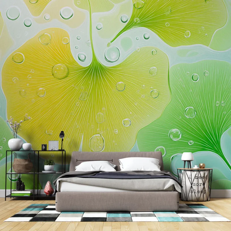 Papier peint ginkgo aquatiques Motif lumineux de feuilles avec gouttes d‘eau Commander Vite