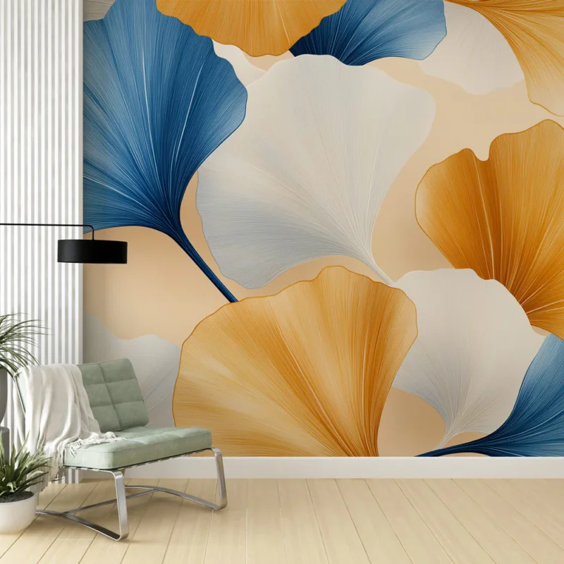 Meilleur Choix Papier peint feuilles Motif élégant de feuilles de ginkgo en bleu, blanc et orange