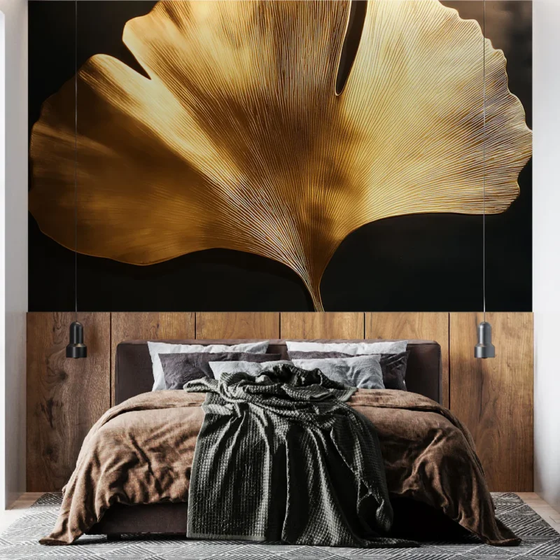 Papier peint feuille de ginkgo dorée Élégante reproduction d‘une feuille de ginkgo en métal doré Remise