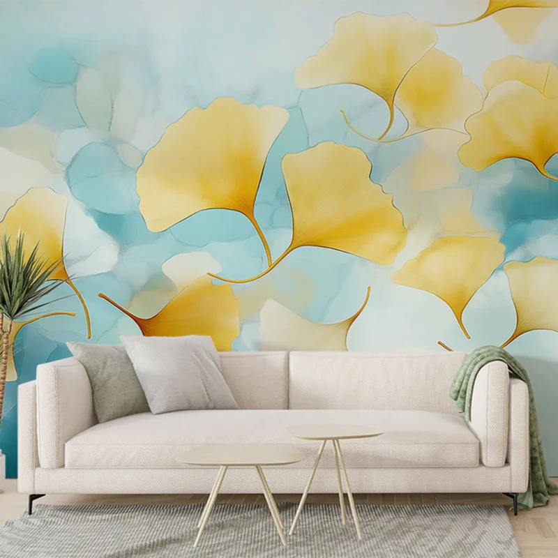 Marque Papier peint ginkgo Feuilles de ginkgo jaunies sur fond aquatique