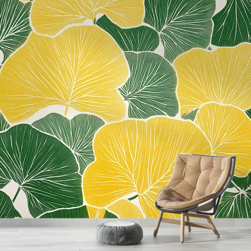Haute Qualité Papier peint feuilles Motif de feuilles vertes et jaunes stylisées