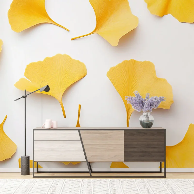 Offre Du Jour Papier peint ginkgo Feuilles de ginkgo jaunes sur fond blanc