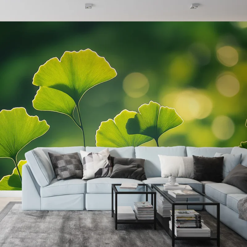 Papier peint feuilles de Ginkgo Feuilles vertes lumineuses avec un effet de lumière douce Remise