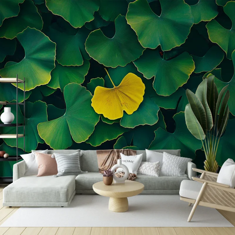 Haute Qualité Papier peint feuilles de ginkgo Motif luxuriant de feuilles vertes avec une touche dorée