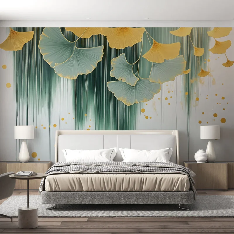 Papier peint ginkgo Feuilles de ginkgo dorées et vertes avec des touches contemporaines Achetez Aujourd'hui