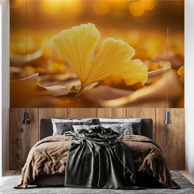 Papier peint ginkgo Feuille de ginkgo dorée sur un fond lumineux Bon Marché