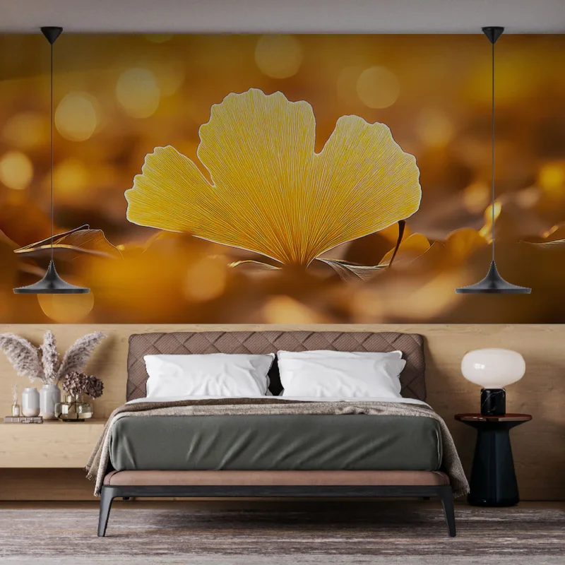 Certifié Papier peint ginkgo Feuille de ginkgo illuminée en arrière-plan doré