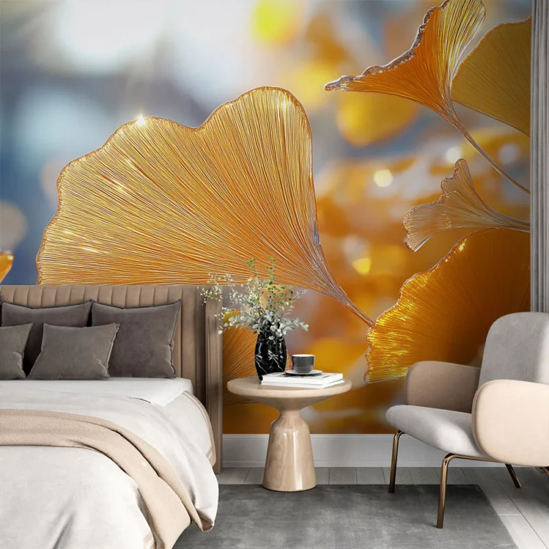 Papier peint ginkgo Feuilles dorées brillantes dans un fond flou Must-Have