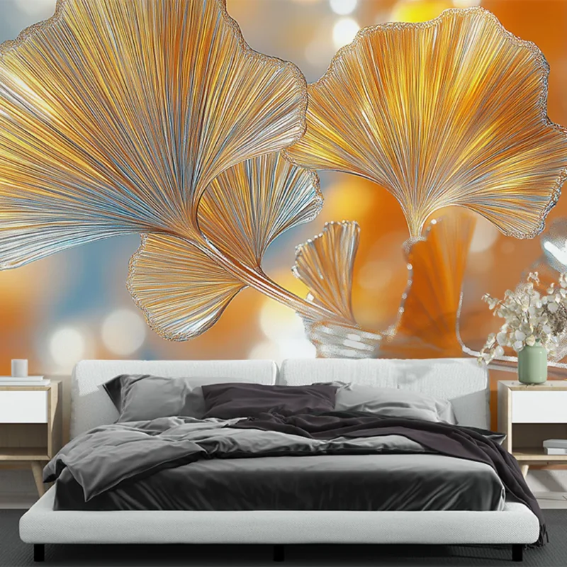Papier peint ginkgo Feuilles de ginkgo stylisées avec des teintes dorées et argentées Meilleur Choix