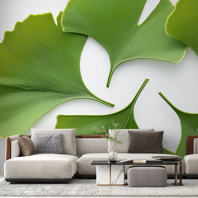 Papier peint ginkgo Feuilles de ginkgo striées sur fond blanc Achat Immédiat