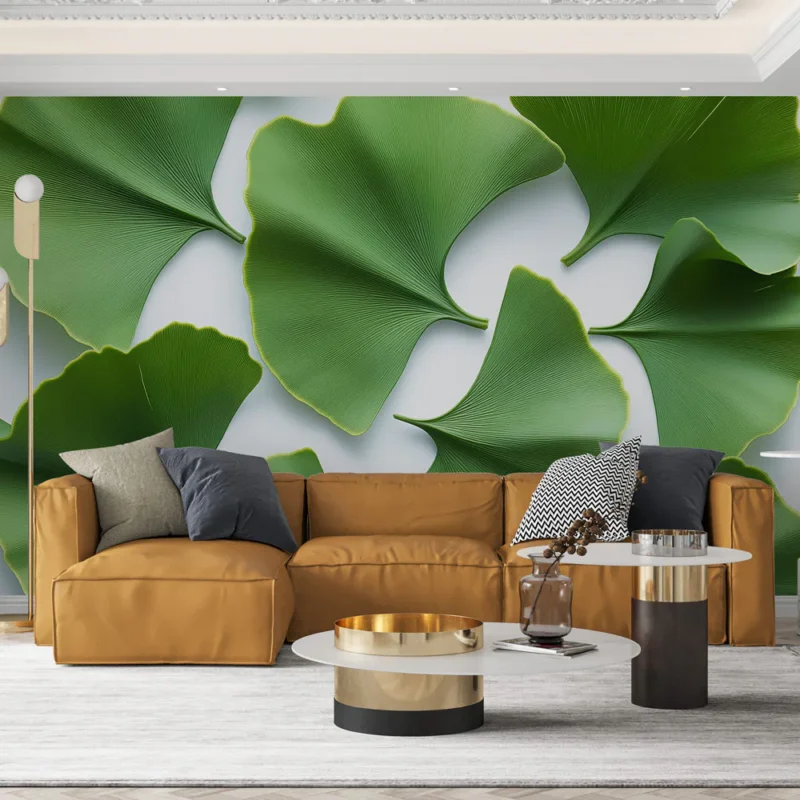 Papier peint feuilles vertes Motif de ginkgo dans des tons de vert luxuriant Commander Maintenant