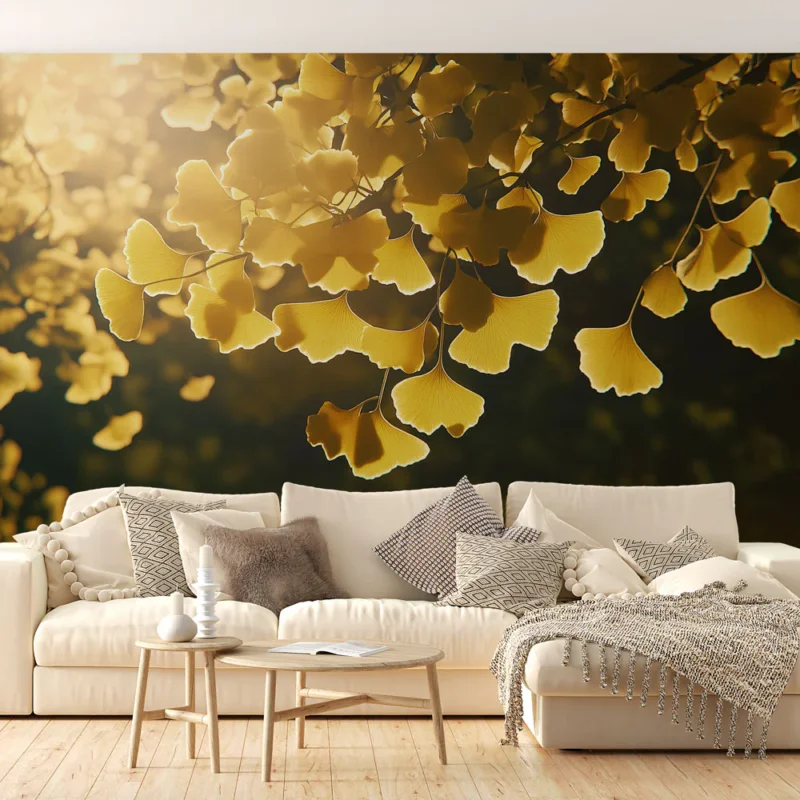 Authentique Papier peint ginkgo Feuilles de ginkgo dorées sous la lumière du soleil