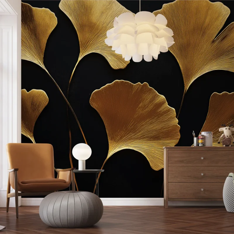 Papier peint feuilles dorées Élégance et sophistication avec des motifs de ginkgo Nouvelle Collection