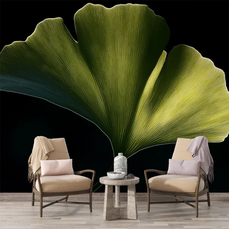 Papier peint feuille Élégante feuille de ginkgo sur fond noir Haute Qualité