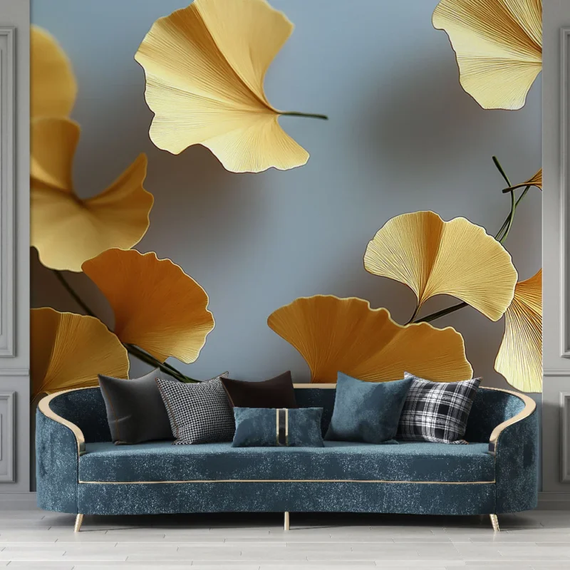Super Prix Papier peint gingko Feuilles de gingko dorées sur fond doux