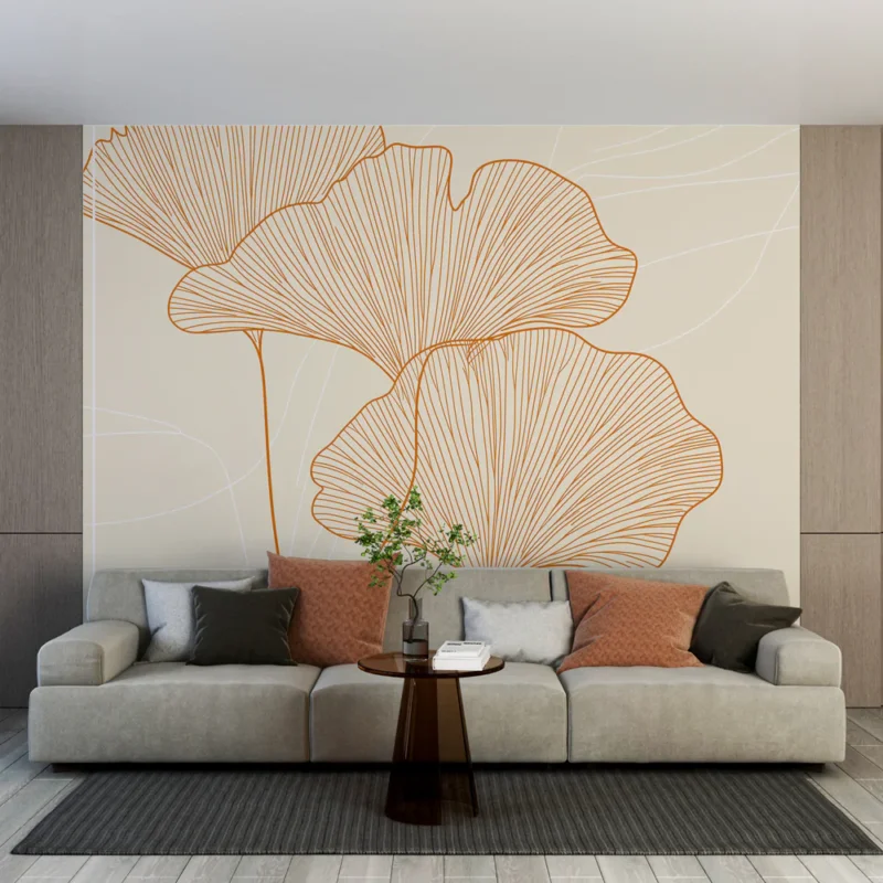 Dernière Chance Papier peint ginkgo Motif de feuilles de ginkgo délicates en contour orange