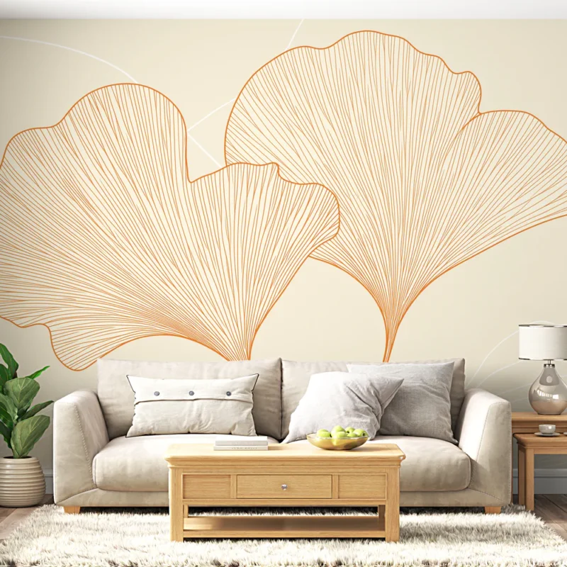 Commander Maintenant Papier peint ginkgo Motif élégant de feuilles de ginkgo en ligne orange sur fond clair