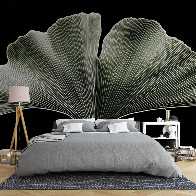 Meilleure Vente Papier peint feuille Feuille de ginkgo stylisée sur fond noir