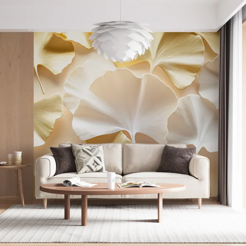 Offre Exclusive Papier peint feuilles dorées Motif élégant de feuilles en or et blanc