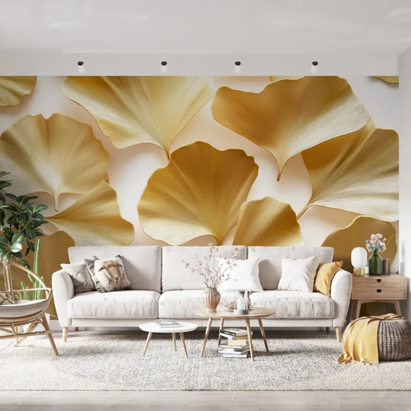 Papier peint feuilles dorées Motif élégant de feuilles dorées sur fond neutre Soldes