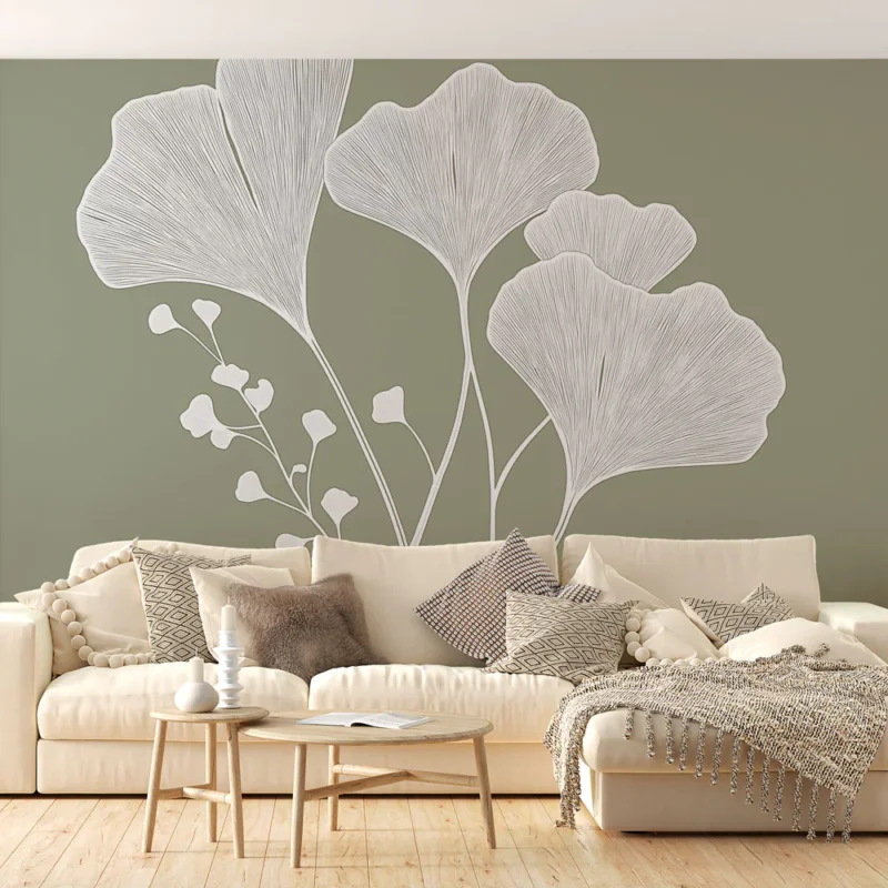 Papier peint botanique Feuilles de Ginkgo stylisées sur fond vert Prix Choc