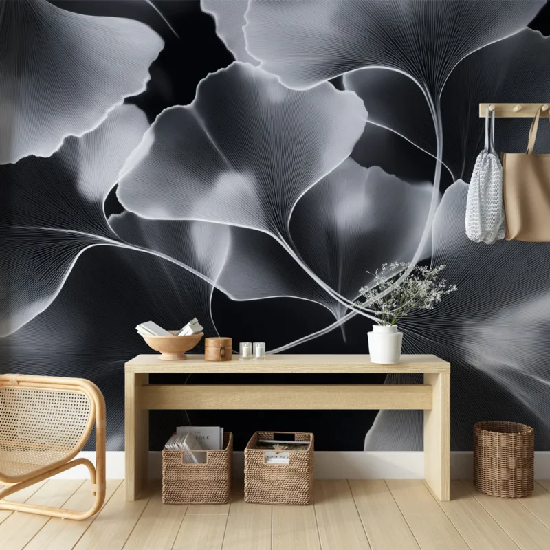 Papier peint ginkgo Motif élégant de feuilles de ginkgo en noir et blanc Achat Immédiat