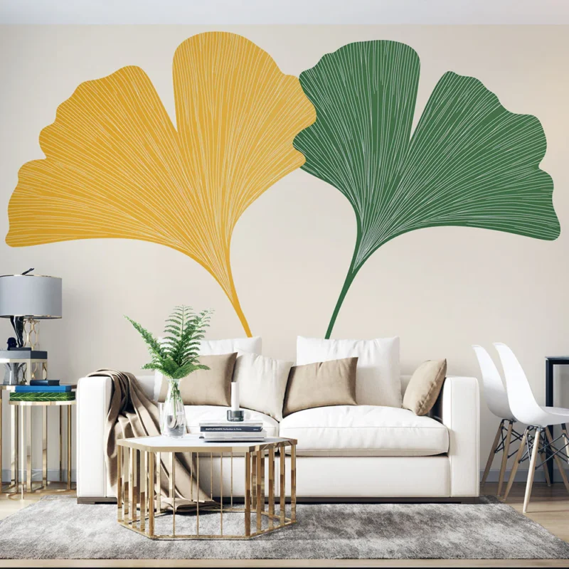 Papier peint ginkgo Feuilles de ginkgo stylisées en jaune et vert Acheter En Ligne