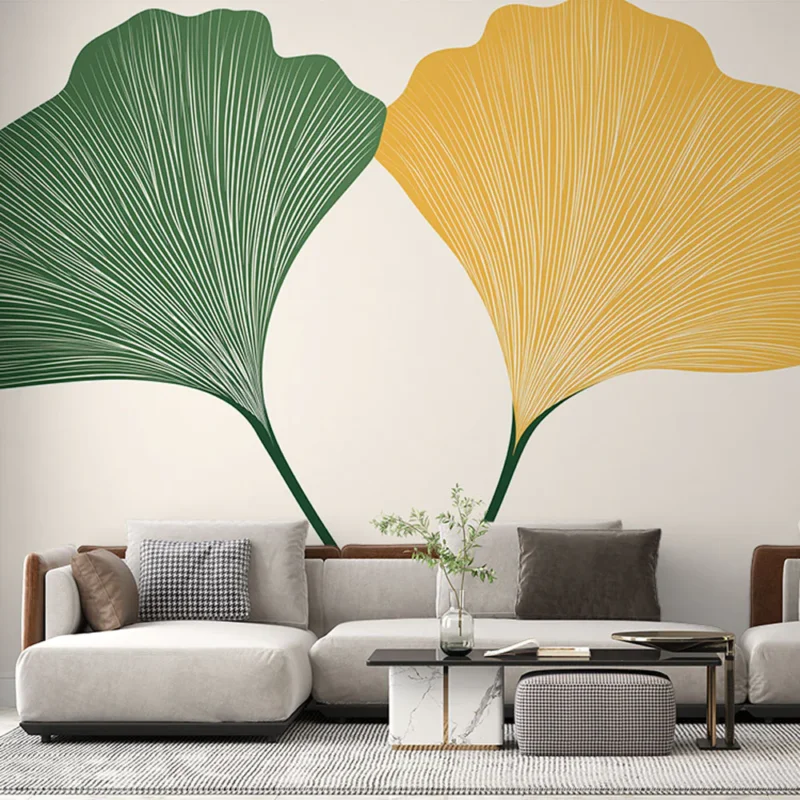 Papier peint feuillage Feuilles de ginkgo verte et jaune sur fond clair Promotion