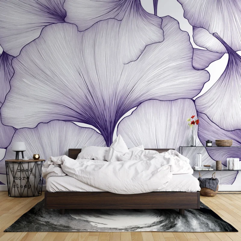 Papier peint ginkgo Feuilles de ginkgo délicatement dessinées en nuances de violet Achetez Aujourd'hui