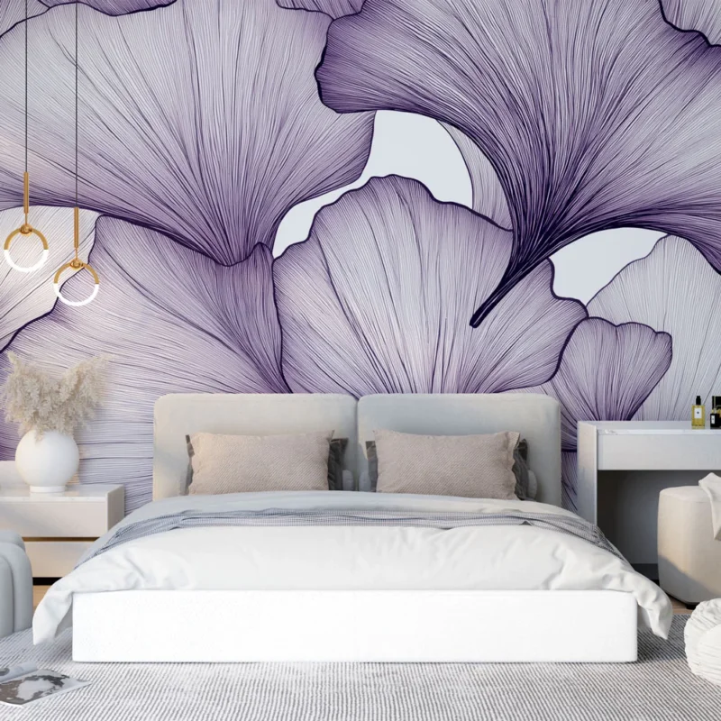 Offre Exclusive Papier peint ginkgo Feuilles de ginkgo délicates en violet subtil