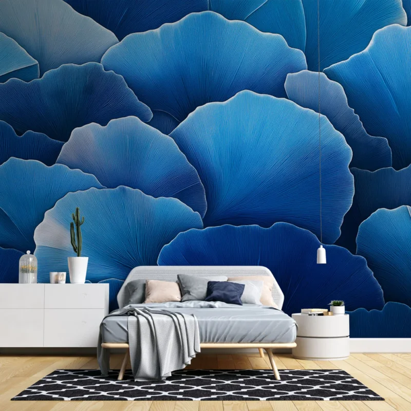 Commande En Gros Papier peint ginkgo bleu Motif de feuilles en dégradé de bleus majestueux