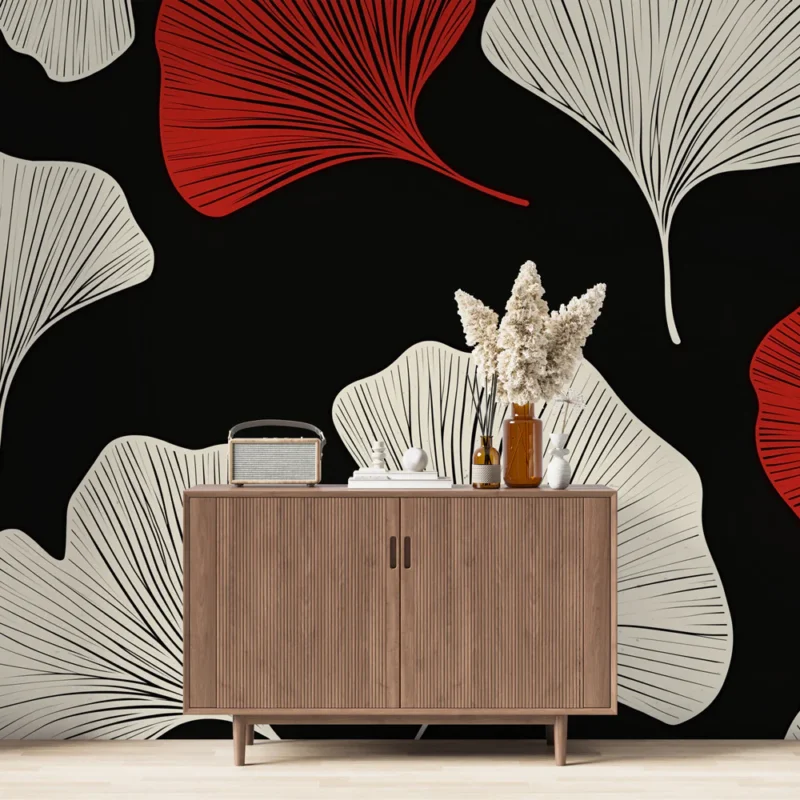 Acheter Direct Papier peint feuilles Motif élégant de feuilles stylisées en rouge et crème sur fond noir